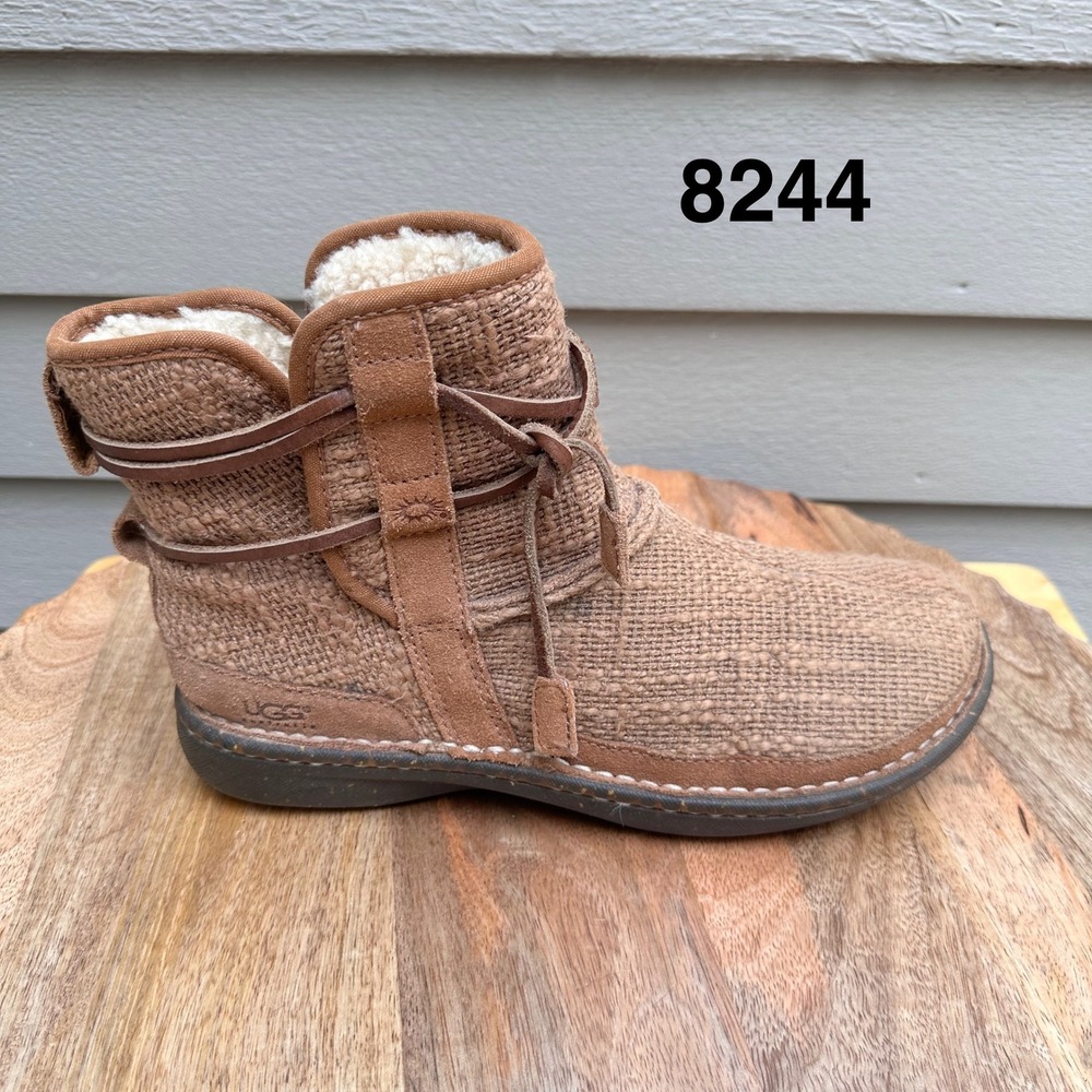 UGG Australia 1628 Woven Textile Suede Ankle Boots Brown Shearling Lined Mens 8